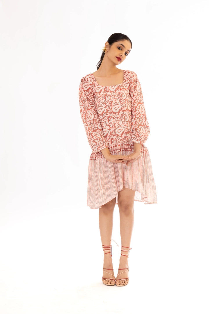 Ilamra kalamkari craft hand block printed organic cotton pinkish red and off-white cute dress