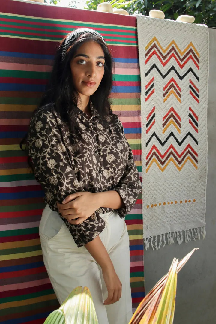Ilamra kalamkari craft hand block printed organic cotton black shirt with beige print
