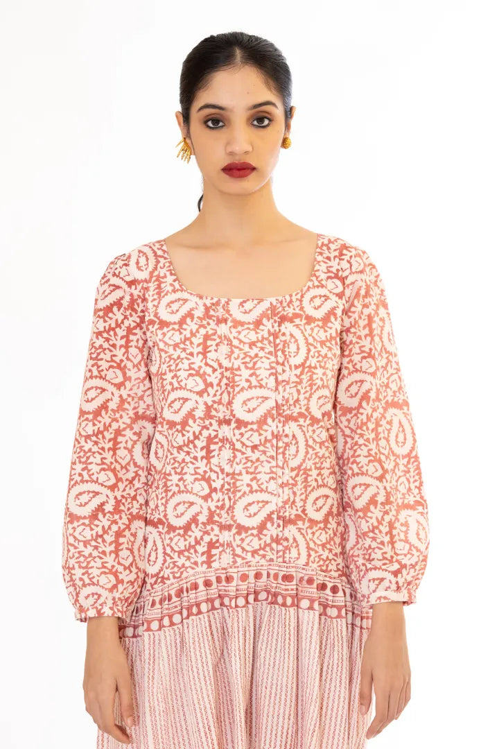 Ilamra kalamkari craft hand block printed organic cotton pinkish red and off-white cute dress
