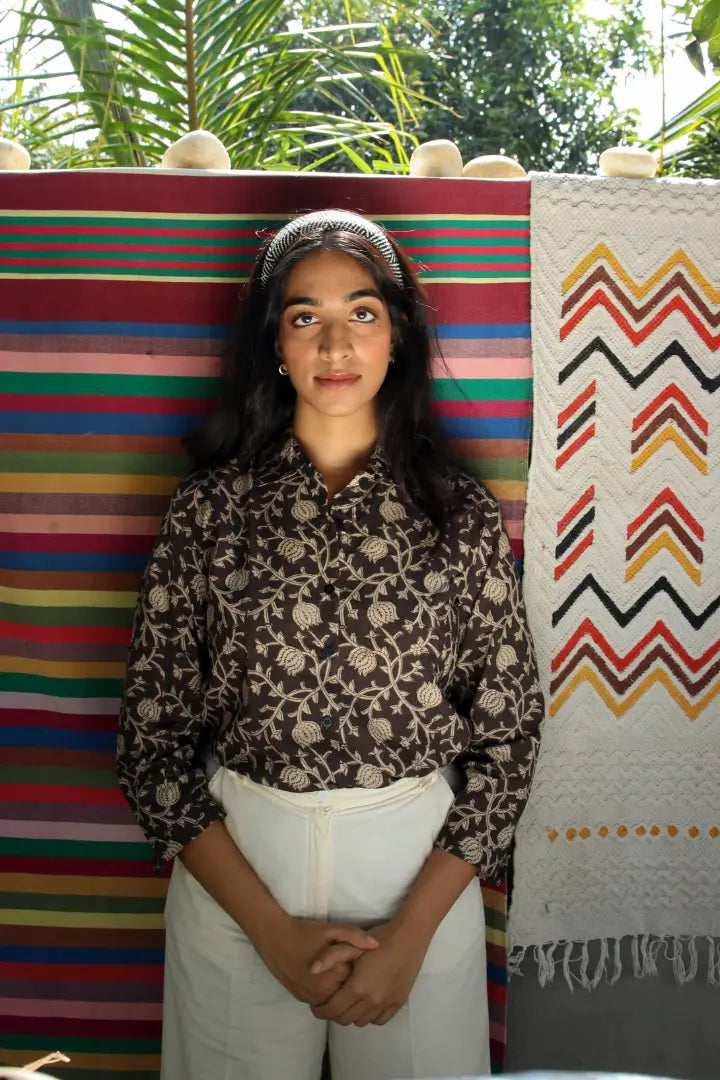 Ilamra kalamkari craft hand block printed organic cotton black shirt with beige print
