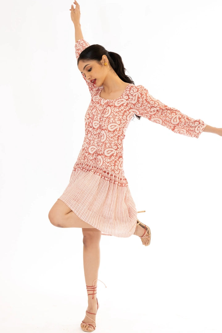 Ilamra kalamkari craft hand block printed organic cotton pinkish red and off-white cute dress