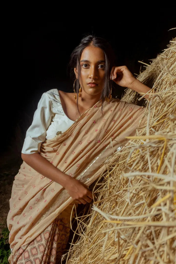 Ilamra kalamkari craft hand block printed organic cotton Beige base with indigo and red motifs saree