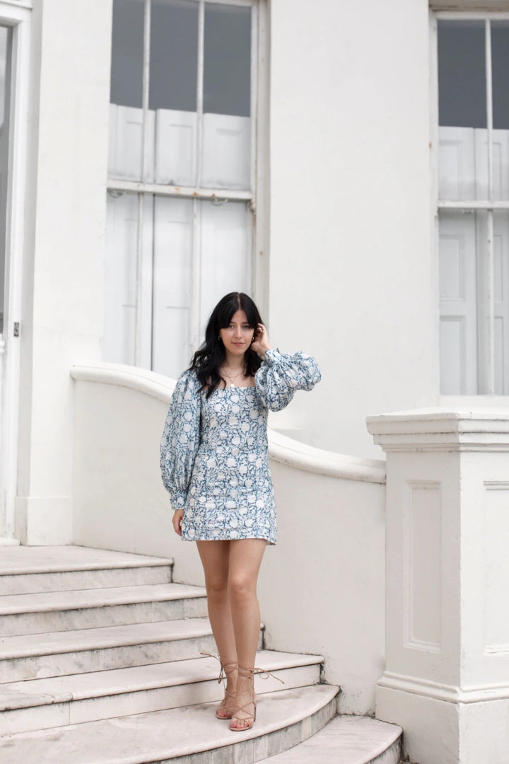 Ilamra sustainable clothing organic cotton Indigo and Off-white hand block printed sexy mini bodycon dress