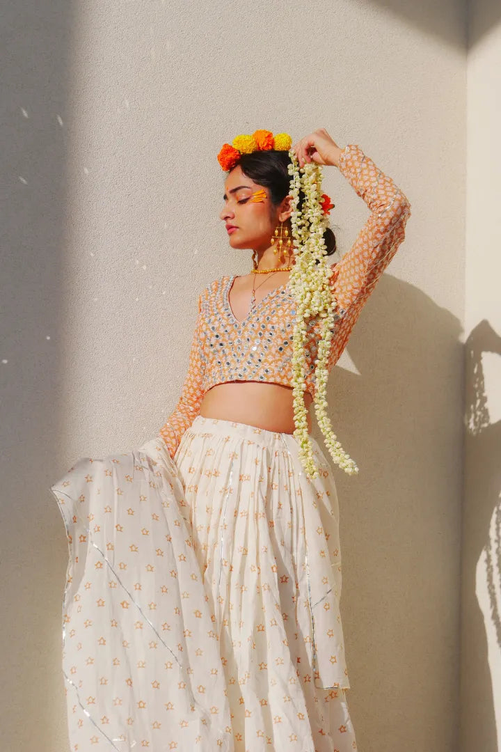 Ilamra sustainable clothing organic cotton off-white and orange hand block printed blouse, dupatta and lehenga set