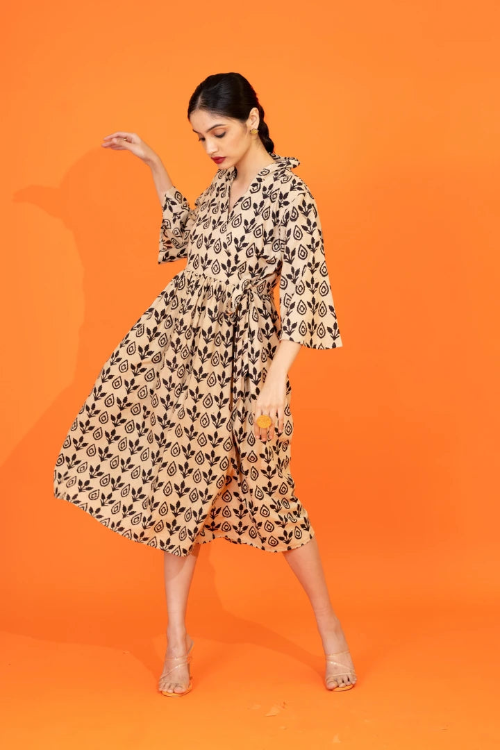 Ilamra kalamkari craft hand block printed organic cotton black and beige elegant dress