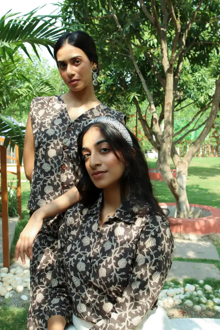 Ilamra kalamkari craft hand block printed organic cotton black shirt with beige print