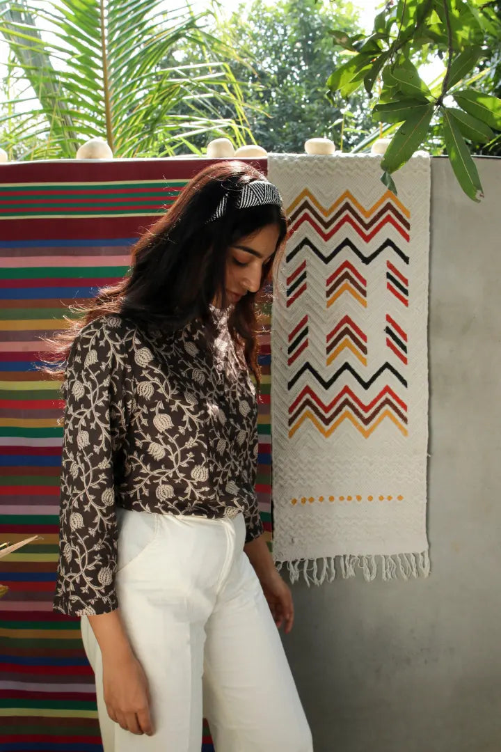 Ilamra kalamkari craft hand block printed organic cotton black shirt with beige print