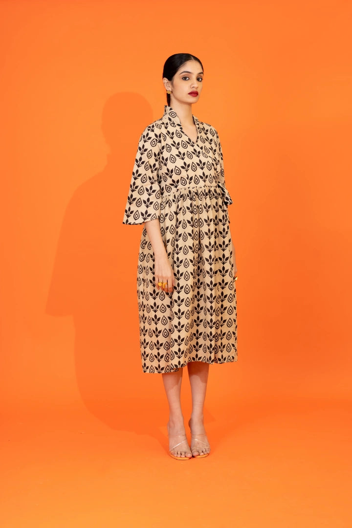 Ilamra kalamkari craft hand block printed organic cotton black and beige elegant dress