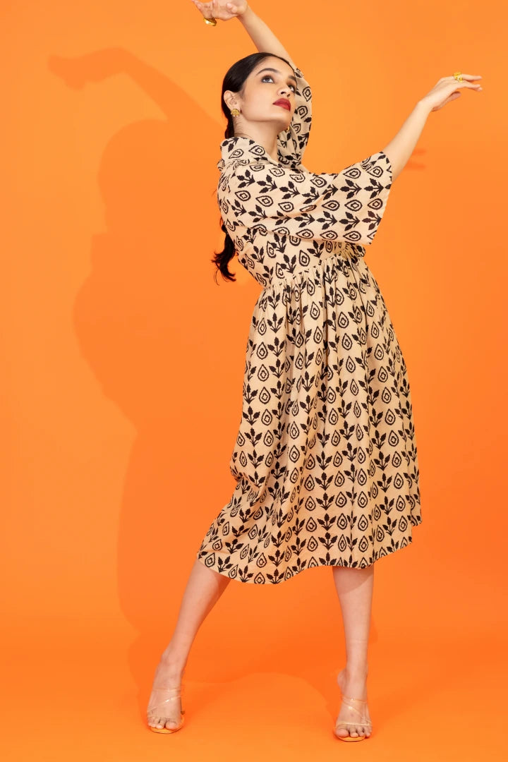 Ilamra kalamkari craft hand block printed organic cotton black and beige elegant dress