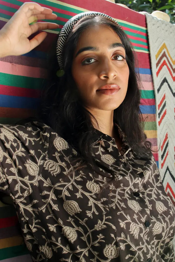 Ilamra kalamkari craft hand block printed organic cotton black shirt with beige print