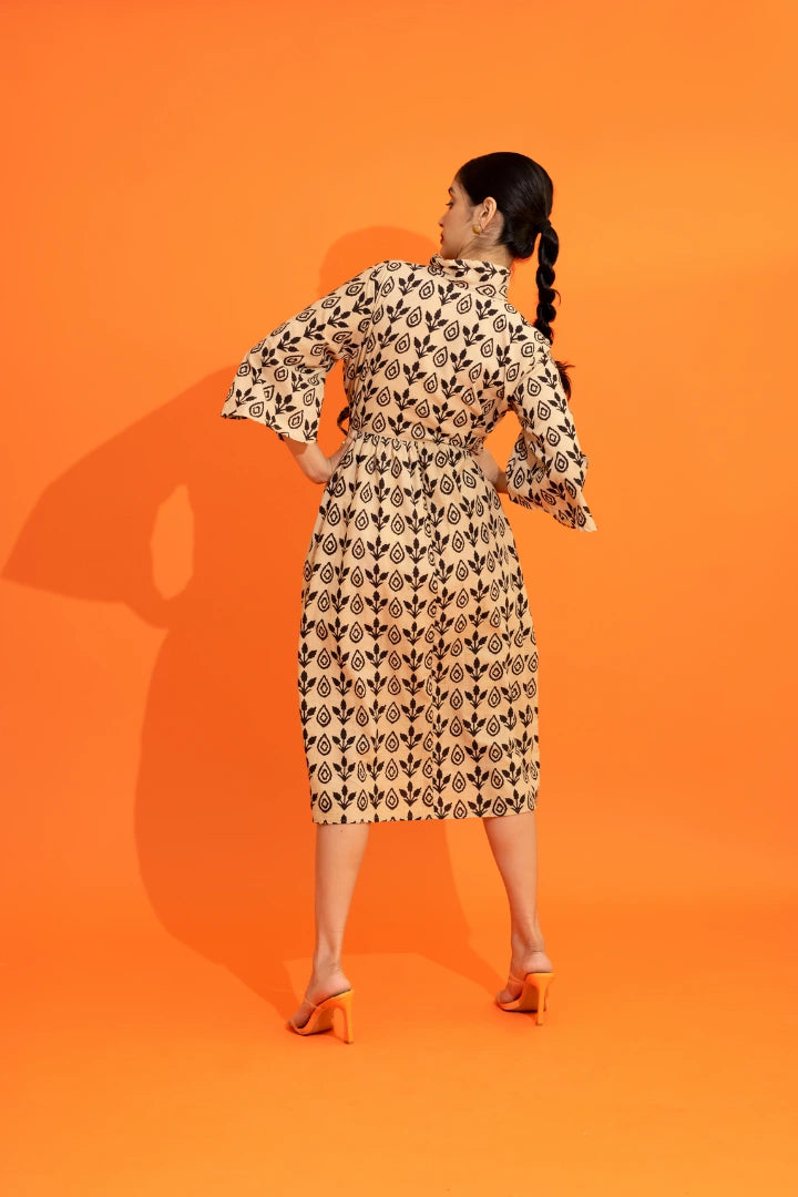 Ilamra kalamkari craft hand block printed organic cotton black and beige elegant dress