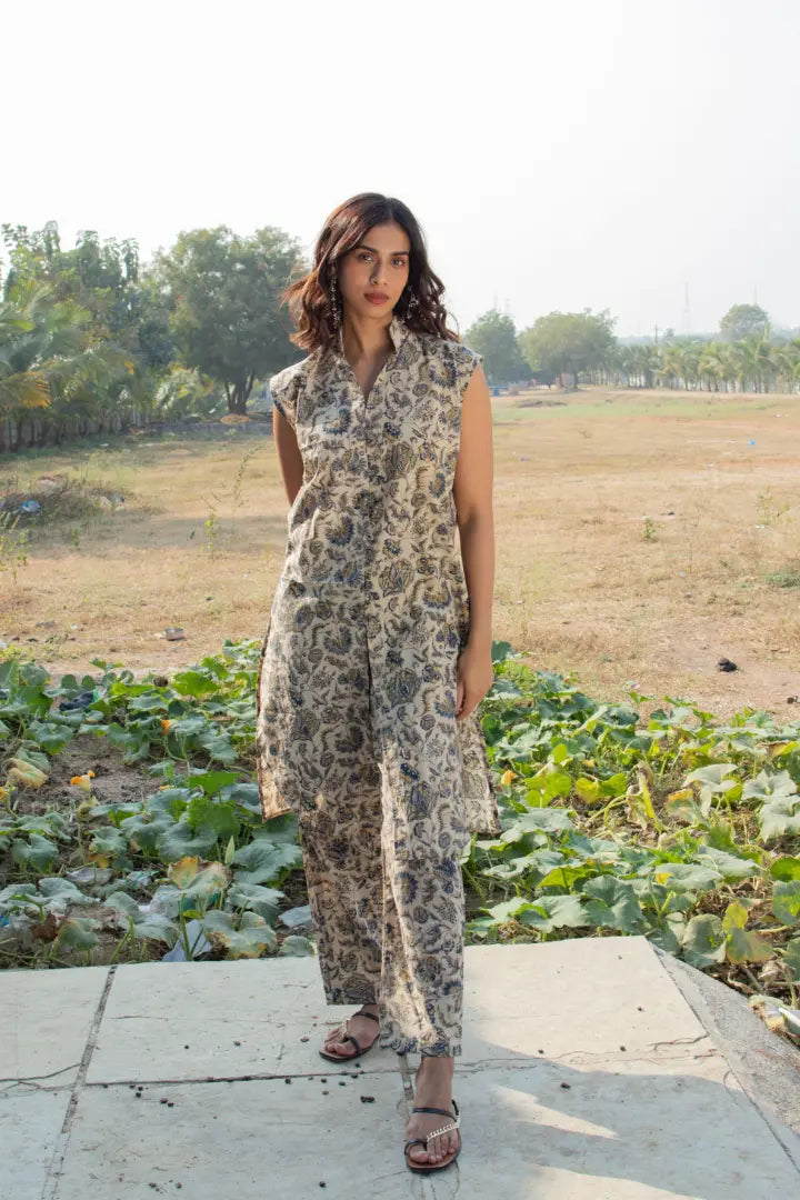 Ilamra kalamkari craft hand block printed organic cotton indigo, yellow and brown kurta and pants set.