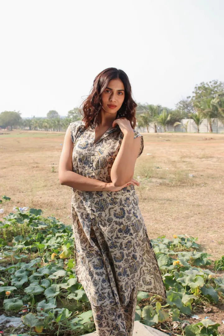 Ilamra kalamkari craft hand block printed organic cotton indigo, yellow and brown kurta and pants set.