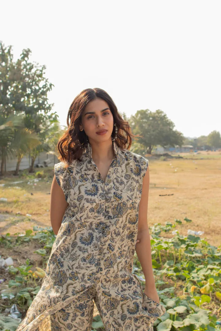 Ilamra kalamkari craft hand block printed organic cotton indigo, yellow and brown kurta and pants set.