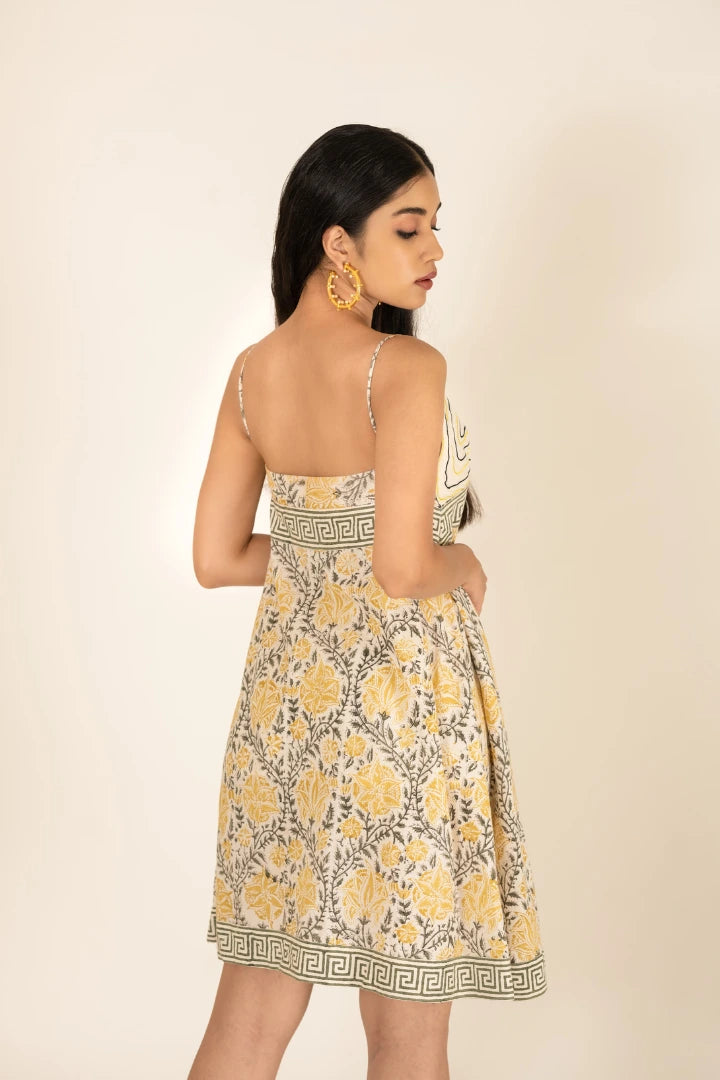 Ilamra kalamkari craft hand block printed organic cotton canary yellow, off-white and black slip dress