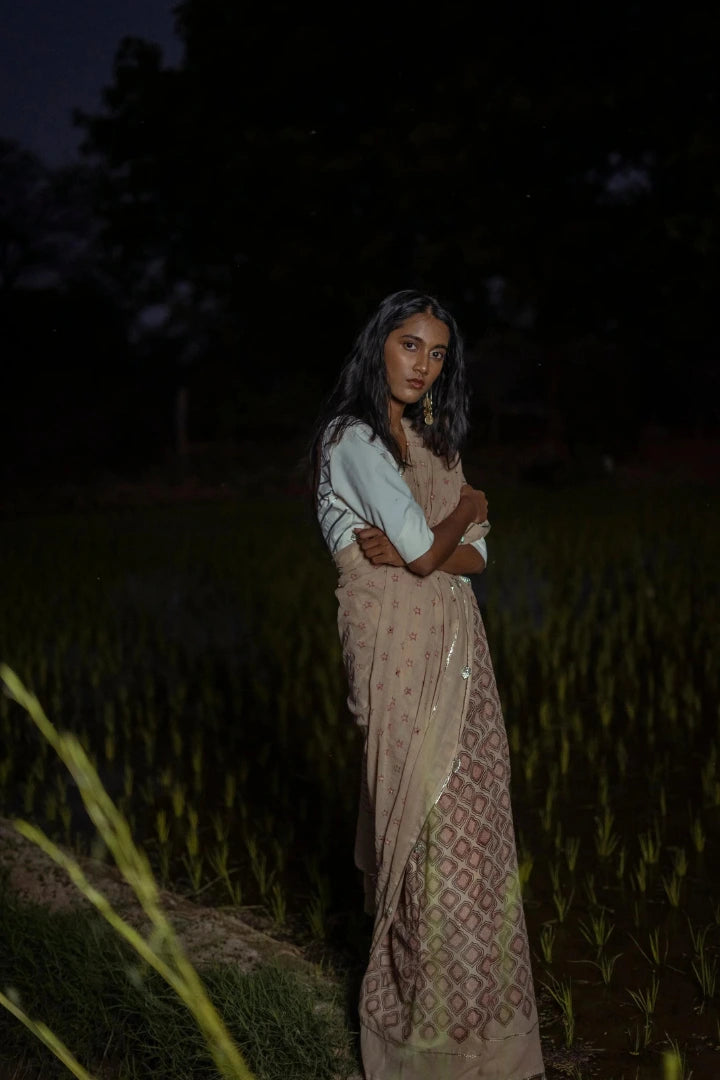 Ilamra kalamkari craft hand block printed organic cotton Beige base with indigo and red motifs saree