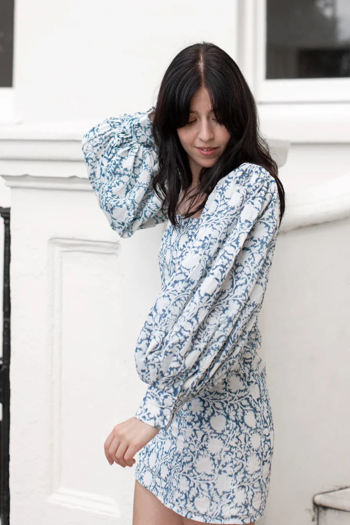 Ilamra sustainable clothing organic cotton Indigo and Off-white hand block printed sexy mini bodycon dress