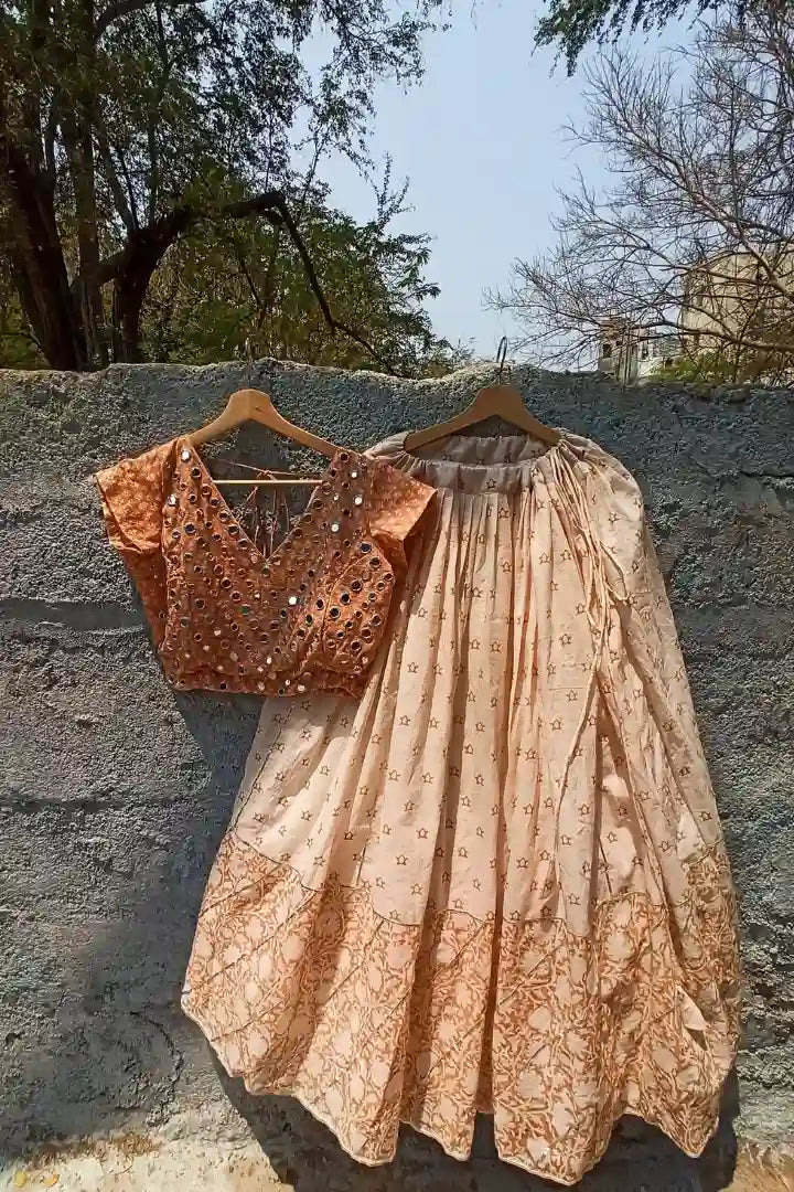 Ilamra sustainable clothing organic cotton off-white and orange hand block printed blouse, dupatta and lehenga set