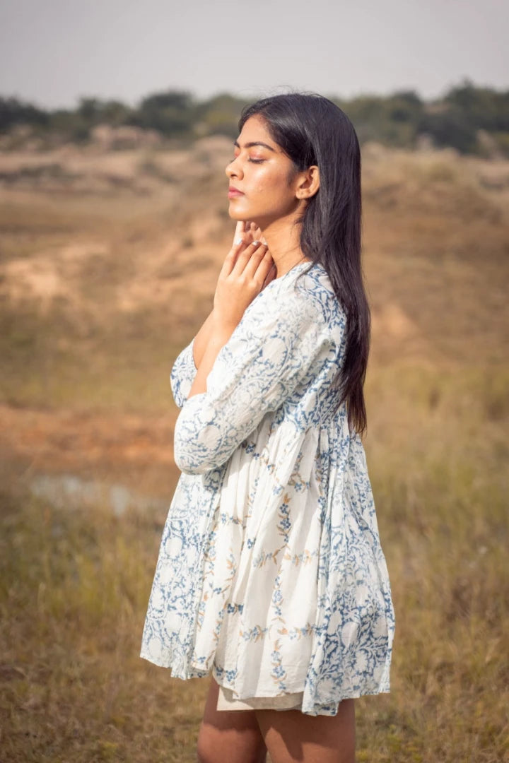 Ilamra sustainable clothing organic cotton Indigo, off-white, hints of green and madder red hand block printed tent dress