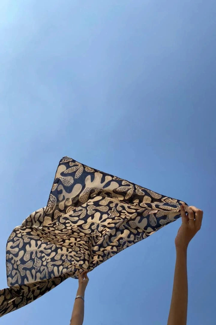 Ilamra hand block printed Kalamkari art organic cotton naturally dyed in Off-white, black and beige, upcycled cotton scarf