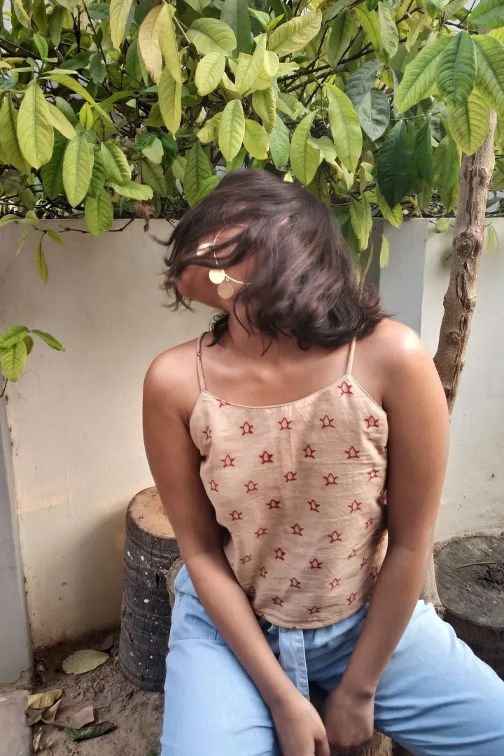 Ilamra hand block printed sustainably made naturally dyed Madder Red and Beige cool crop top