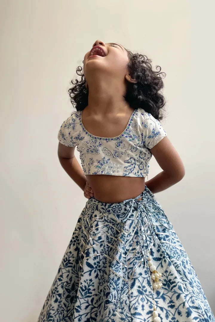 Ilamra kalamkari sustainable clothing organic cotton off-white and indigo hand block printed blouse and lehenga set