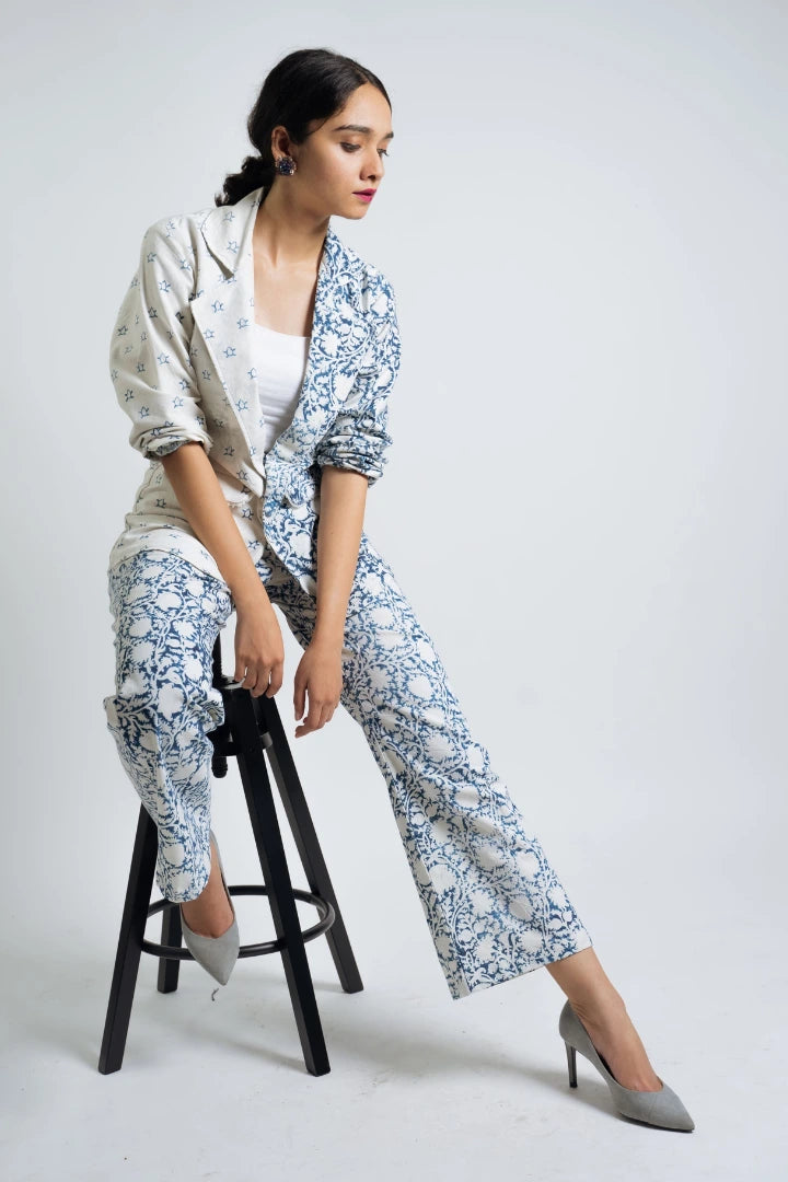 Ilamra hand block printed organic cotton naturally dyed indigo and off-white powerful blazer