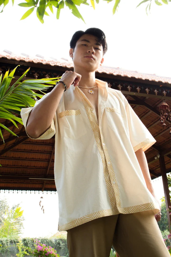 ilamra men's hand block printed naturally dyed organic cotton off-white and yellow shirt