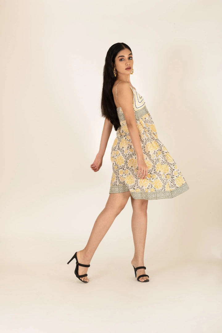 Ilamra kalamkari craft hand block printed organic cotton canary yellow, off-white and black slip dress
