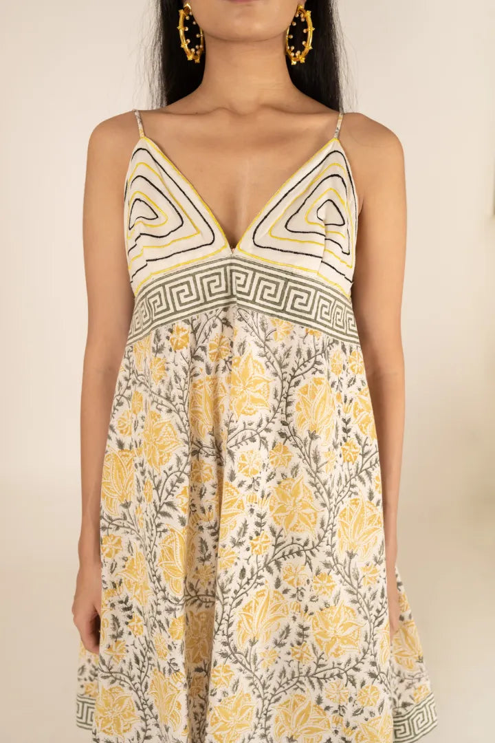 Ilamra kalamkari craft hand block printed organic cotton canary yellow, off-white and black slip dress