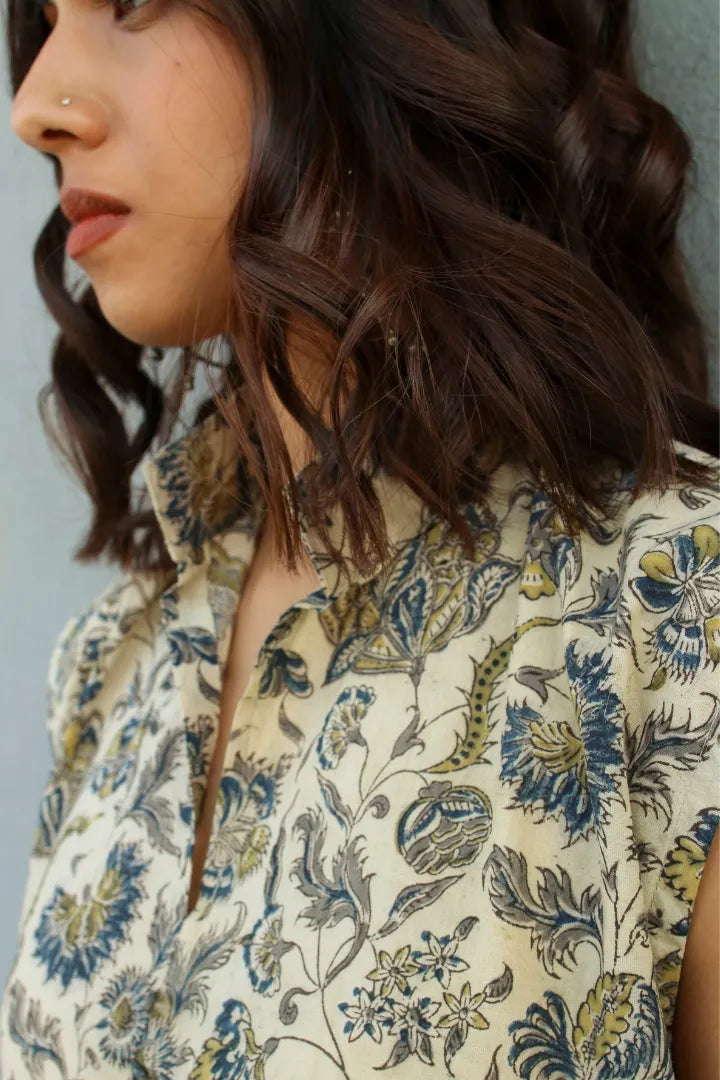 Ilamra kalamkari craft hand block printed organic cotton indigo, yellow and brown kurta and pants set.