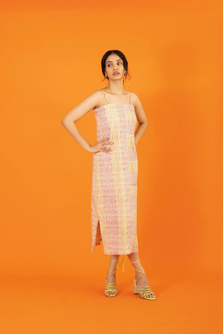 Ilamra kalamkari craft hand block printed organic cotton orange and pink straight-cut dress