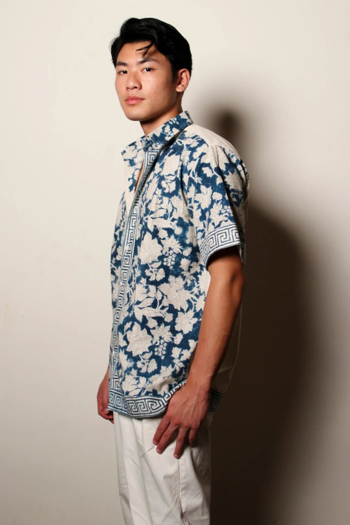 ilamra men's hand block printed naturally dyed organic cotton indigo and white shirt