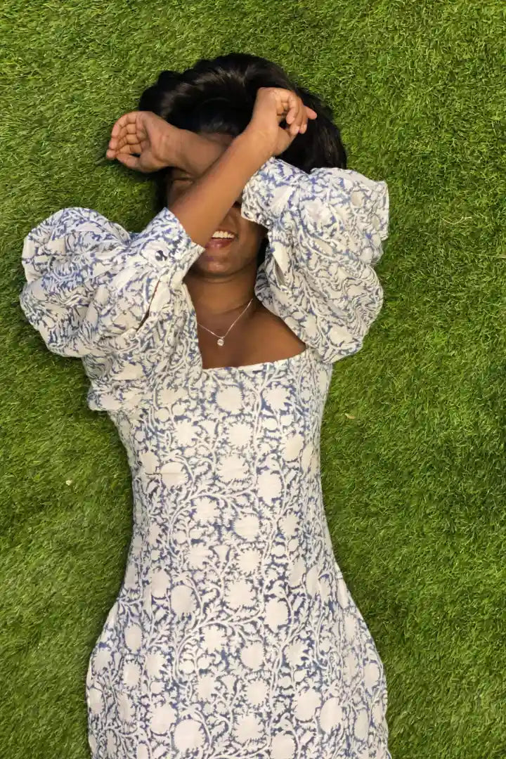 Ilamra sustainable clothing organic cotton Indigo and Off-white hand block printed sexy mini bodycon dress