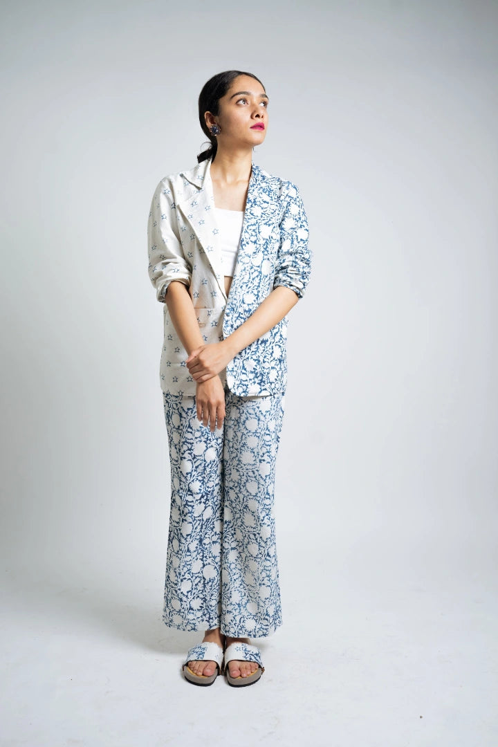 Ilamra hand block printed organic cotton naturally dyed indigo and off-white powerful classy pants
