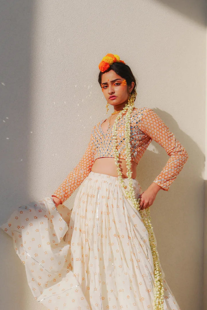 Ilamra sustainable clothing organic cotton off-white and orange hand block printed blouse, dupatta and lehenga set