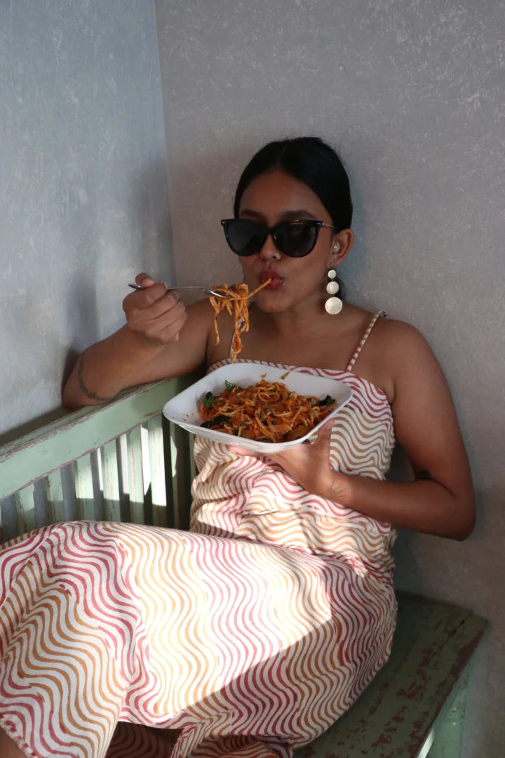 Ilamra kalamkari craft hand block printed organic cotton orange and pink straight-cut dress