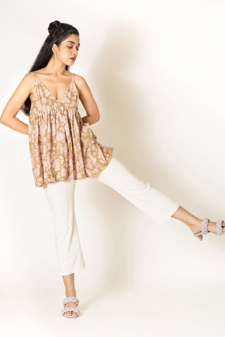 Ilamra hand block printed sustainably made naturally dyed lime green and madder red top