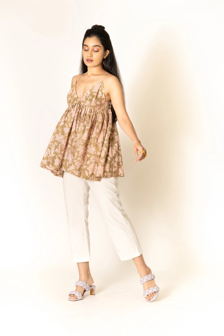 Ilamra hand block printed sustainably made naturally dyed lime green and madder red top