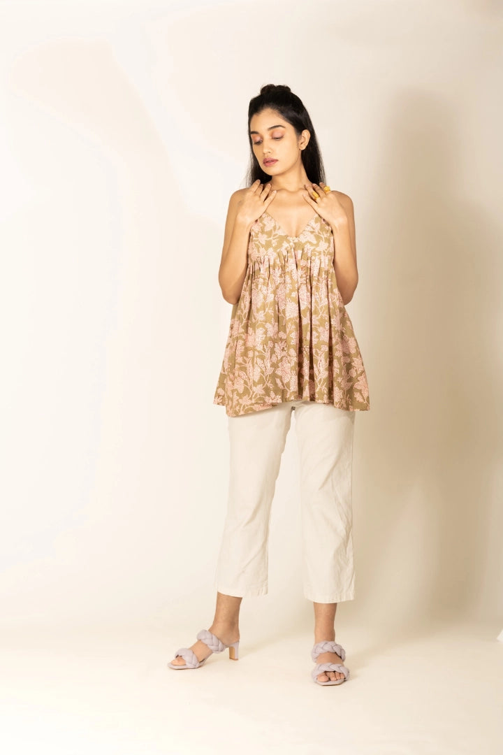 Ilamra hand block printed sustainably made naturally dyed lime green and madder red top