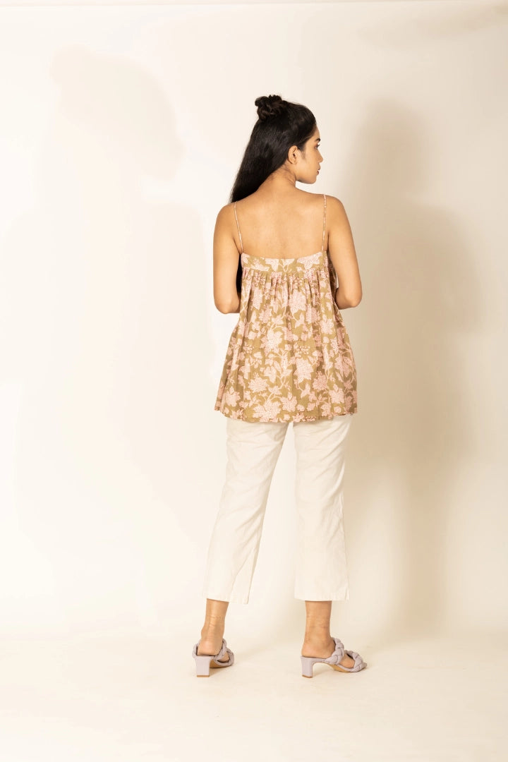 Ilamra hand block printed sustainably made naturally dyed lime green and madder red top