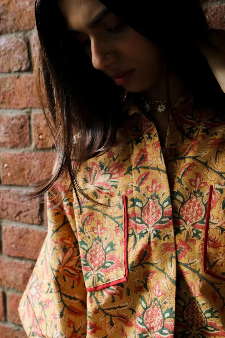 Ilamra kalamkari craft hand block printed organic cotton mustard, yellow, red and green shirt
