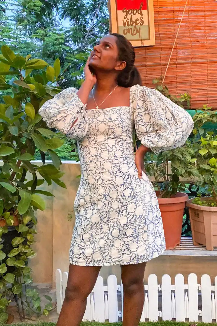 Ilamra sustainable clothing organic cotton Indigo and Off-white hand block printed sexy mini bodycon dress