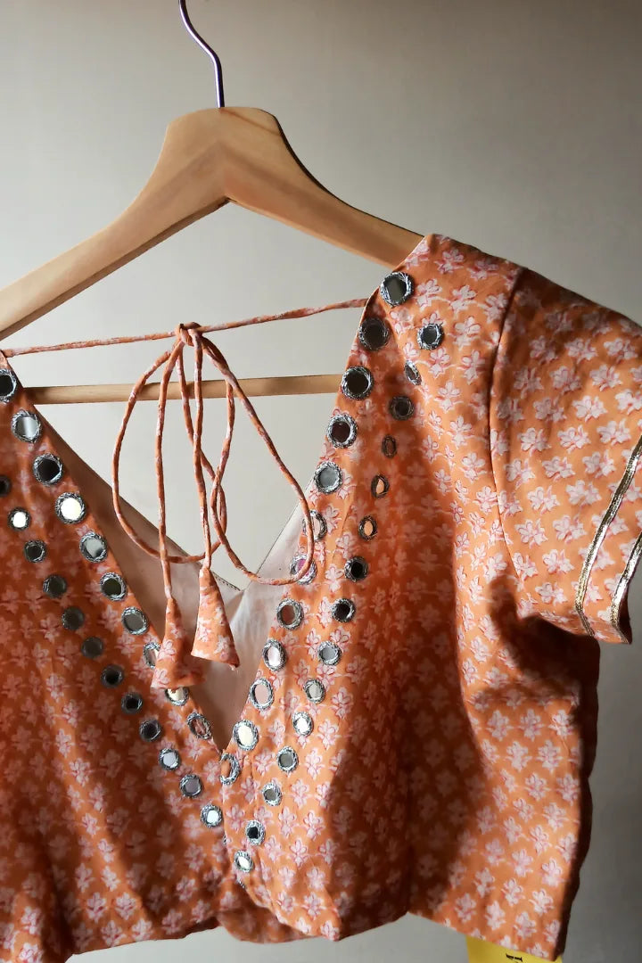 Ilamra sustainable clothing organic cotton off-white and orange hand block printed blouse, dupatta and lehenga set