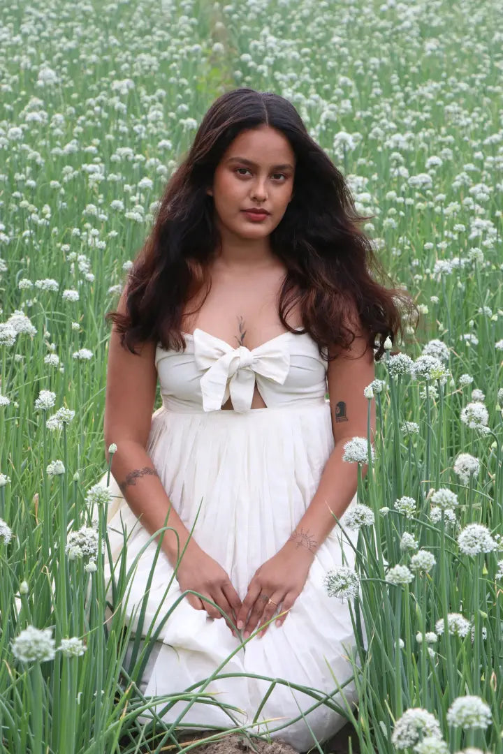 Ilamra hand block printed sustainably made naturally dyed off-white flowy dress