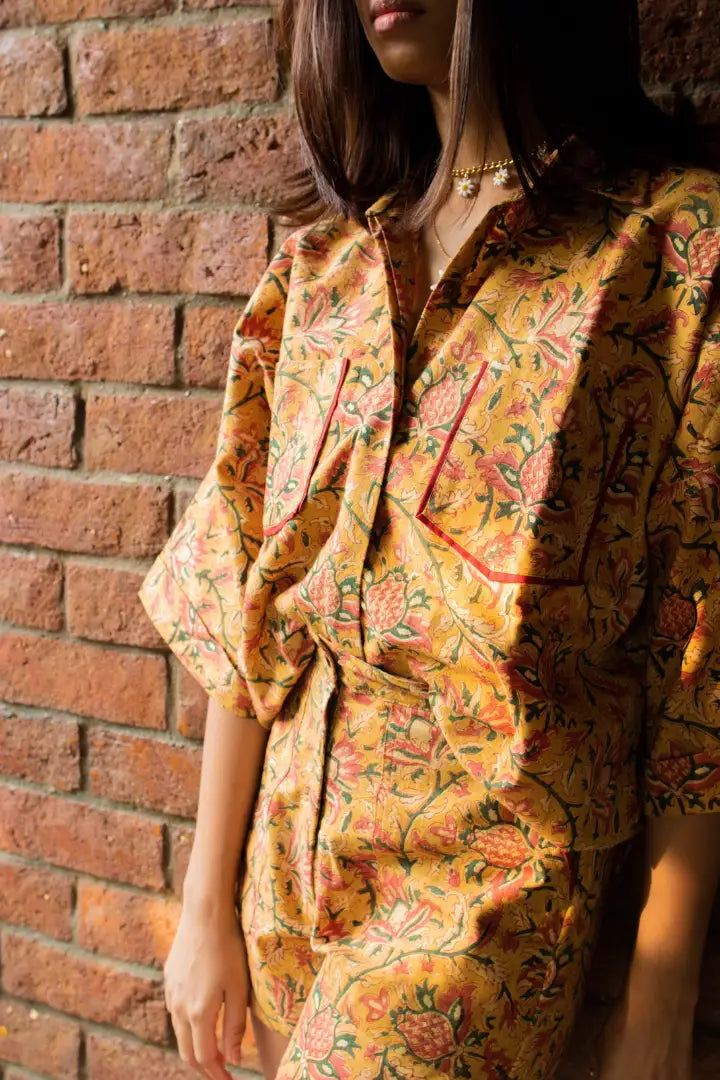 Ilamra kalamkari craft hand block printed organic cotton mustard, yellow, red and green shirt