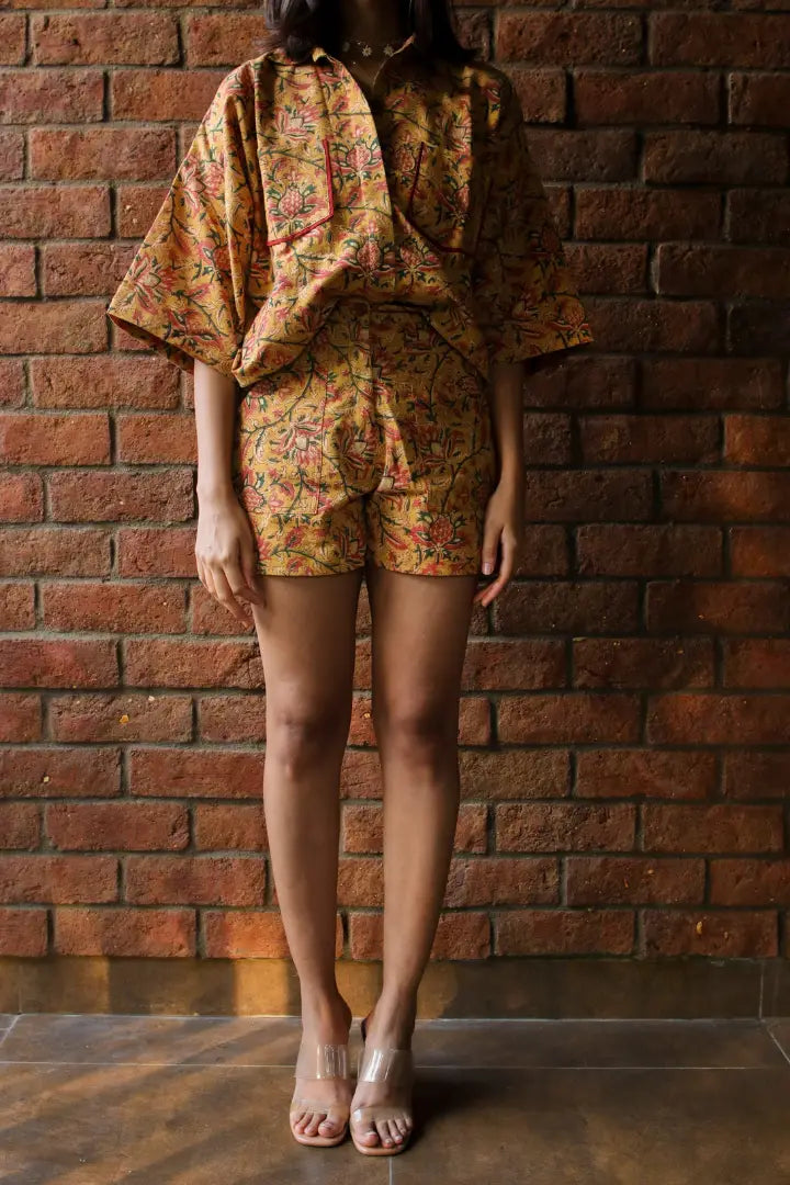 Ilamra kalamkari craft hand block printed organic cotton mustard, yellow, red and green shirt