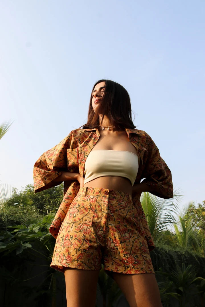 Ilamra kalamkari craft hand block printed organic cotton mustard, yellow, red and green shirt