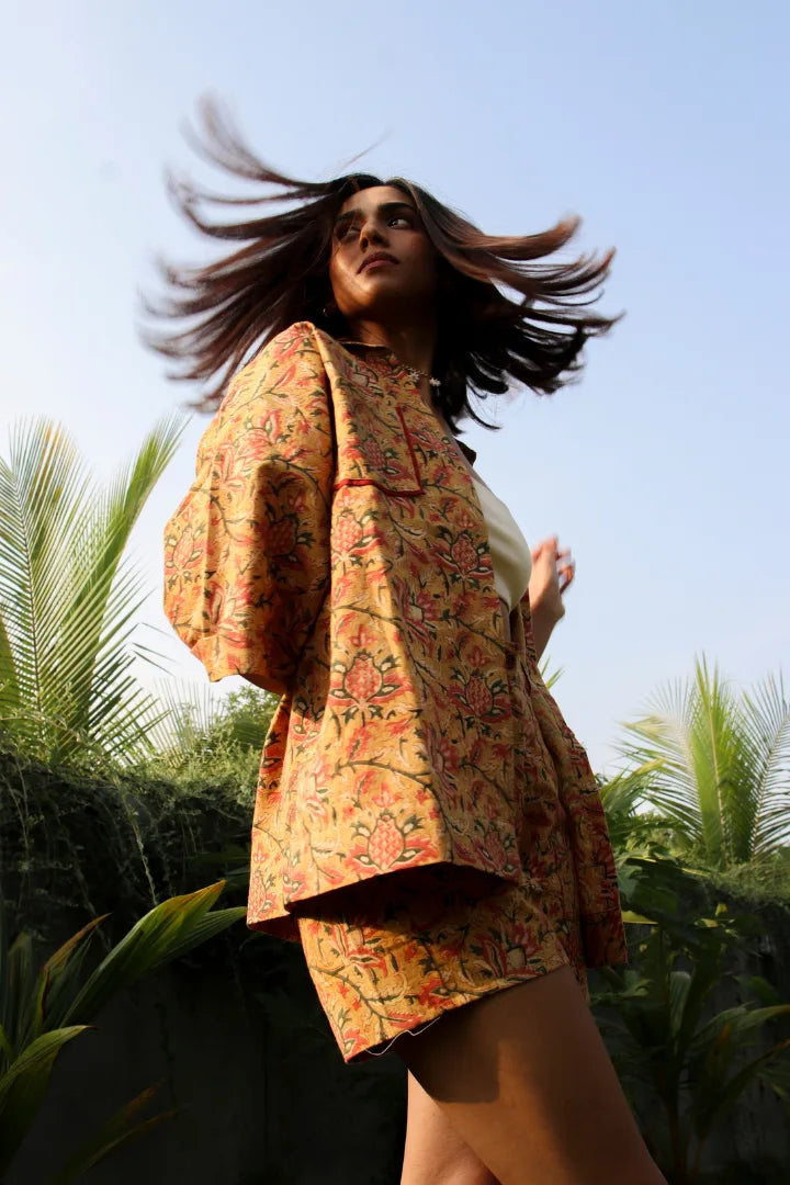 Ilamra kalamkari craft hand block printed organic cotton mustard, yellow, red and green shirt