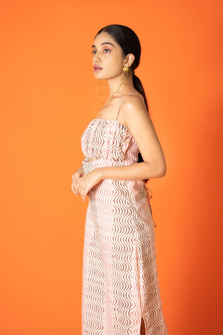 Ilamra hand block printed sustainably made naturally dyed wavy print pink and brown cut-out dress